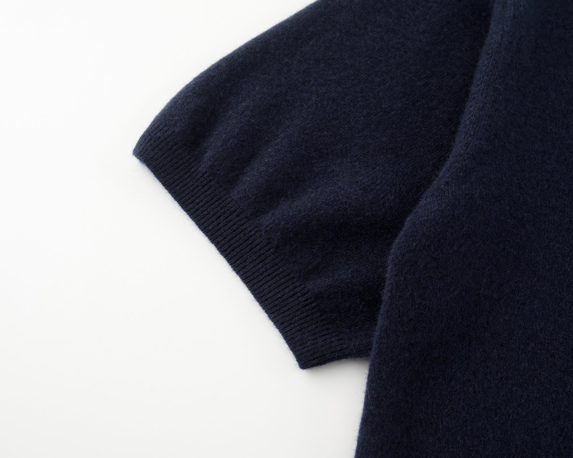 MA07 Short Sleeve Oversized Cashmere  Crewneck  Sweater by Mawei, navy, blue, sleeve, ribbed cuff, knitting details close up