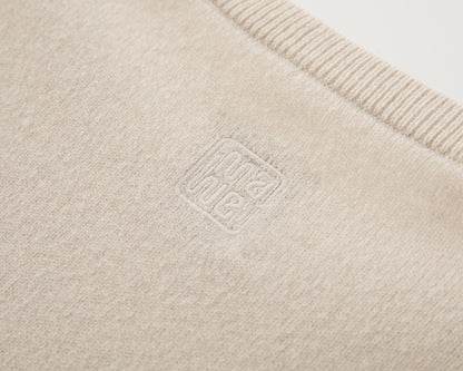 MA07 Short Sleeve Oversized Cashmere  Crewneck  Sweater by Mawei, off-white,  embroidery close up, back view.
