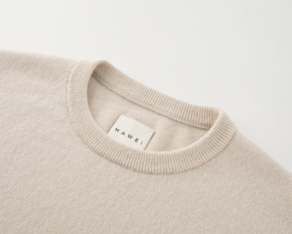 MA07 Short Sleeve Oversized Cashmere  Crewneck  Sweater by Mawei, off-white,  ribbed neck close up