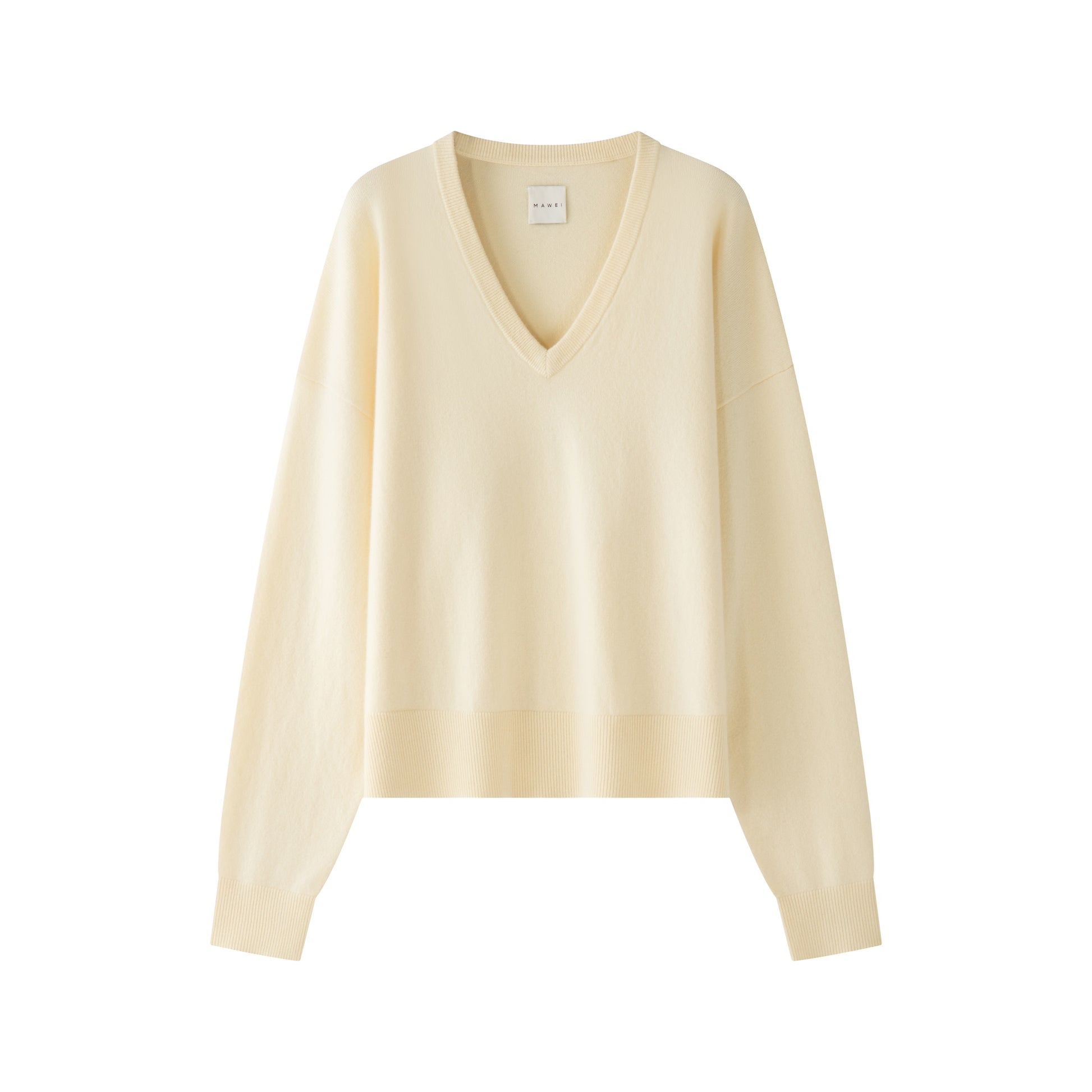 MA08 Oversized Cashmere  V-neck  Sweater by Mawei, yellow, flat lay.