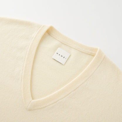 MA08 Oversized Cashmere  V-neck  Sweater by Mawei, yellow, neck rib details close up
