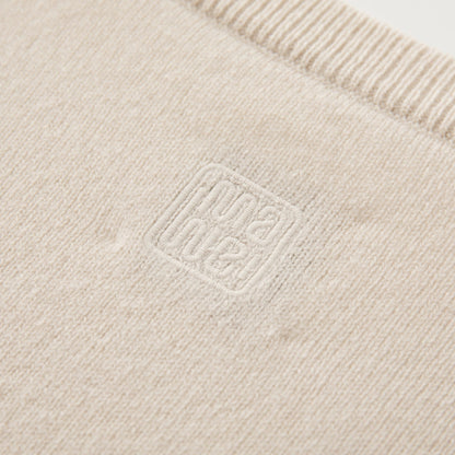MA08 Oversized Cashmere  V-neck  Sweater by Mawei, off white, fabric and logo embroidery close up, back view.
