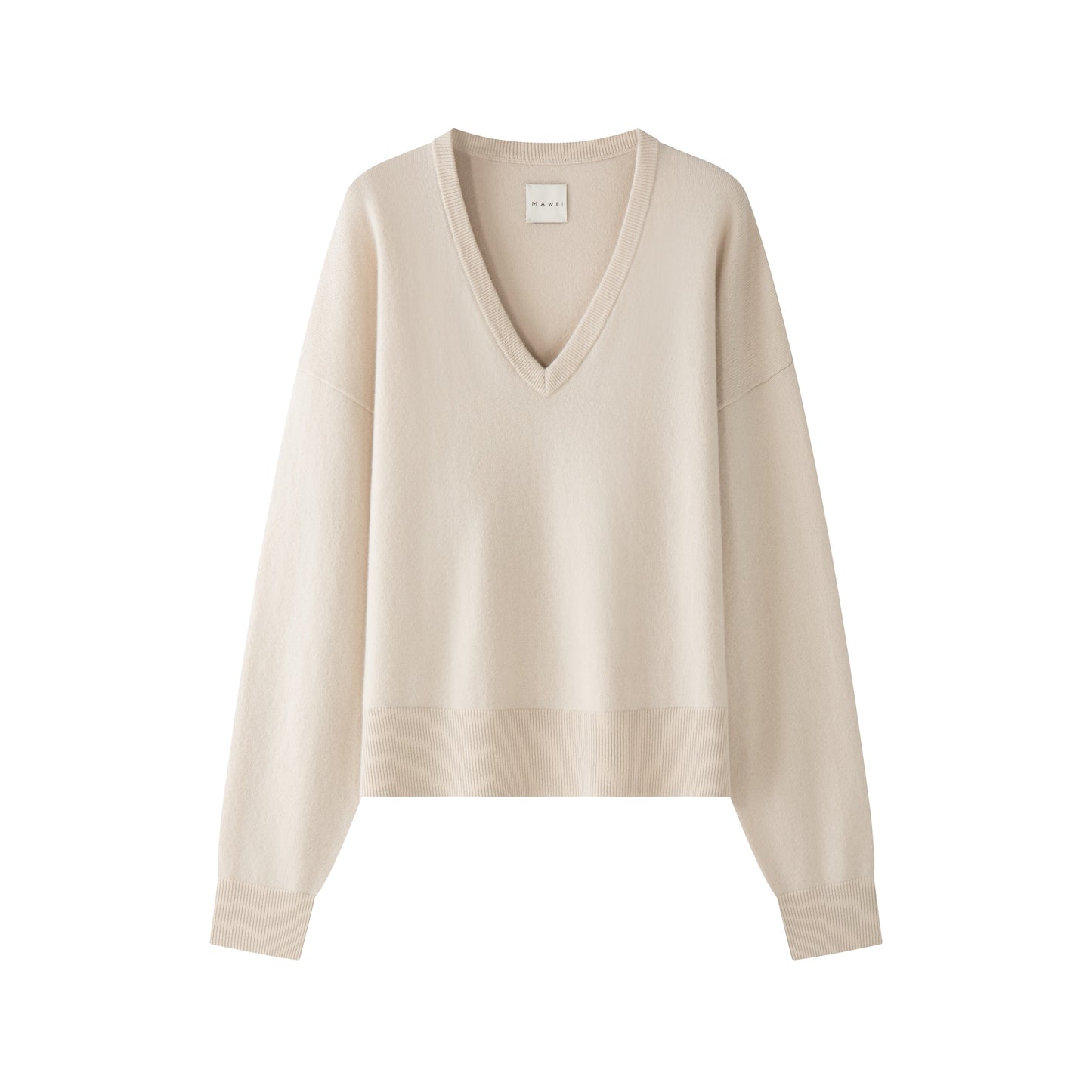 MA08 Oversized Cashmere  V-neck  Sweater by Mawei, off white, flat lay.
