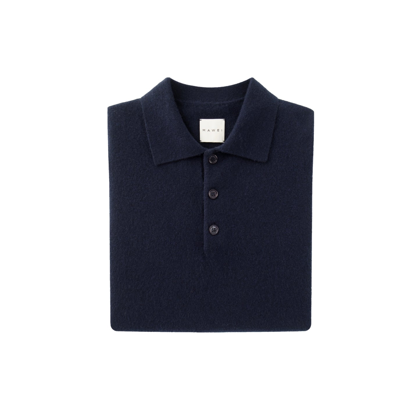 MA05 Cashmere Polo Sweater by Mawei, navy blue, flat lay, folded front view.
