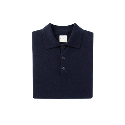 MA05 Cashmere Polo Sweater by Mawei, navy blue, flat lay, folded front view.