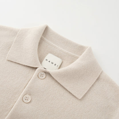MA09 Cashmere Short Sleeve Polo Sweater by Mawei, off white, collar, buttons close up