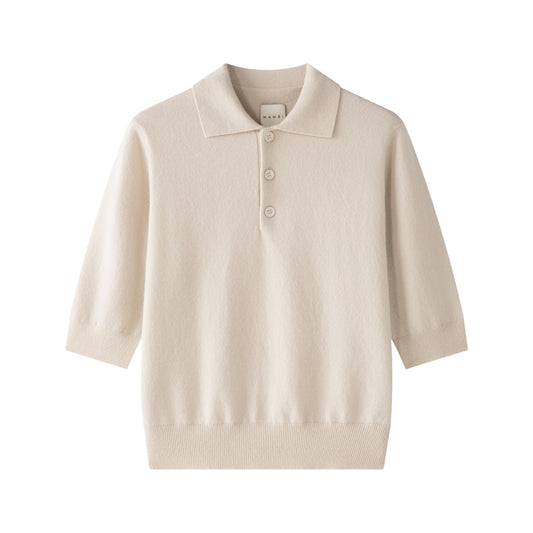 MA09 Cashmere Short Sleeve Polo Sweater by Mawei, off white, flat lay, front view.