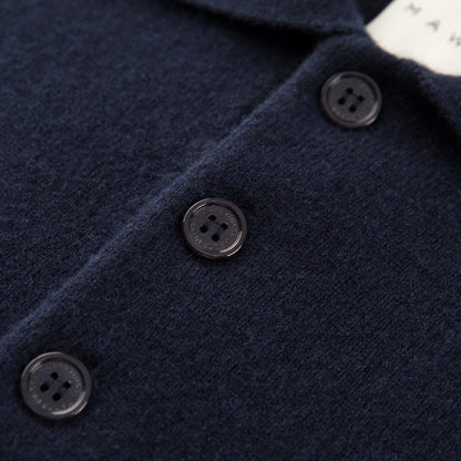 MA09 Cashmere Short Sleeve Polo Sweater by Mawei, navy blue, buttons close up