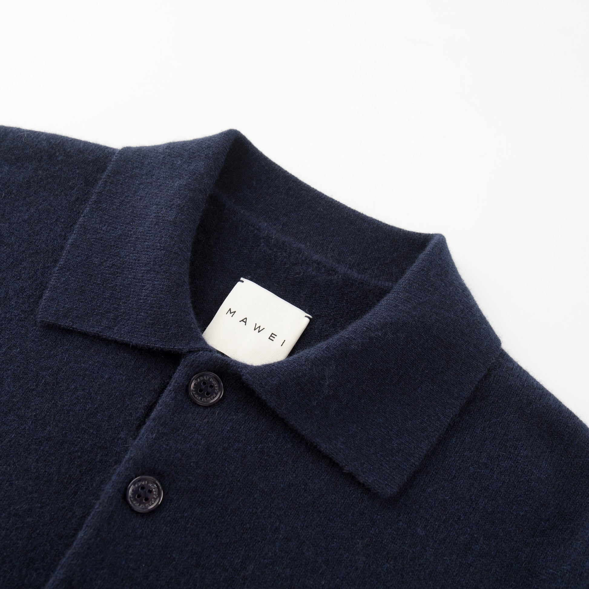 MA09 Cashmere Short Sleeve Polo Sweater by Mawei, navy blue, collar, buttons close up