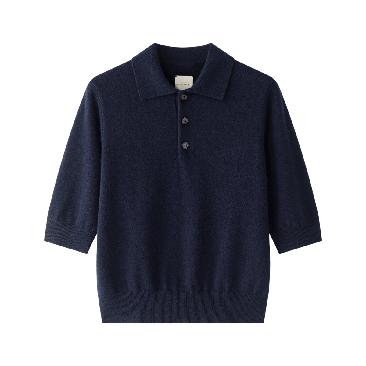 MA09 Cashmere Short Sleeve Polo Sweater by Mawei, navy blue, flat lay, front view.