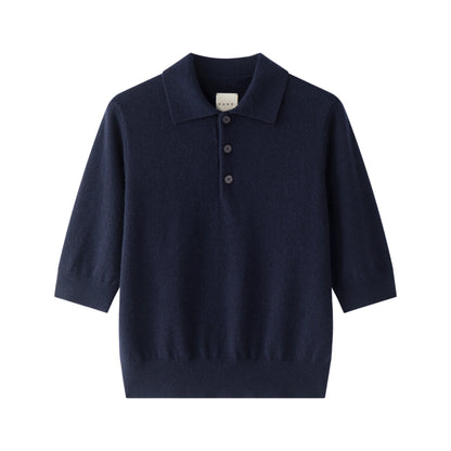 MA09 Cashmere Short Sleeve Polo Sweater by Mawei, navy blue, flat lay, front view.