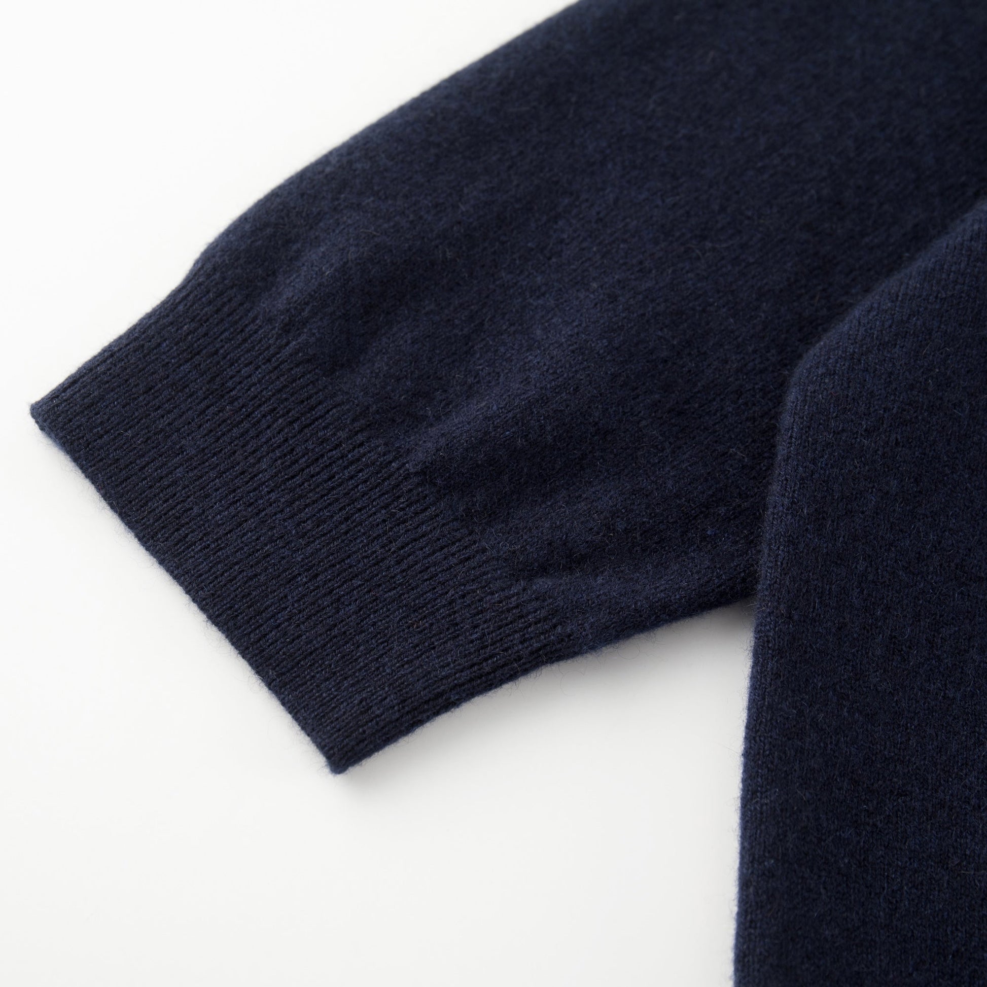 MA09 Cashmere Short Sleeve Polo Sweater by Mawei, navy blue, sleeve, rib close up