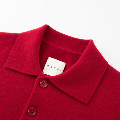 MA09 Cashmere Short Sleeve Polo Sweater by Mawei, red, collar, buttons close up