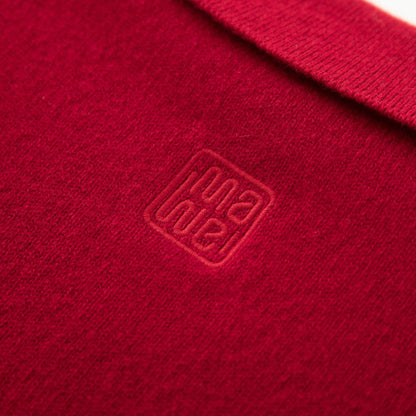 MA09 Cashmere Short Sleeve Polo Sweater by Mawei, red, fabric and logo embroidery close up, back view.