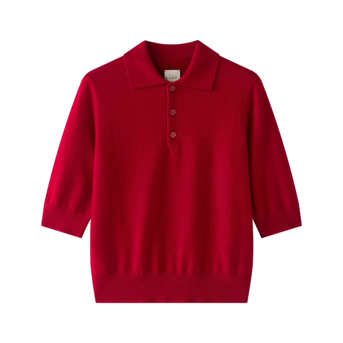 MA09 Cashmere Short Sleeve Polo Sweater by Mawei, red, flat lay, front view.