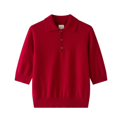 MA09 Cashmere Short Sleeve Polo Sweater by Mawei, red, flat lay, front view.