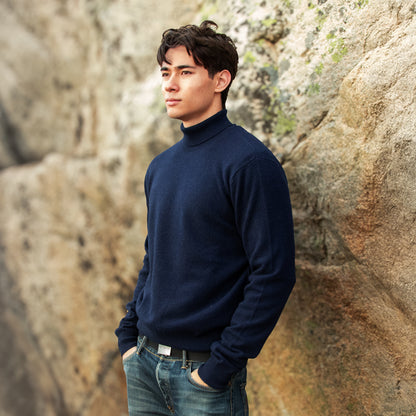 MA21 Cashmere Turtleneck Sweater by Mawei, navy blue, side view, male model.