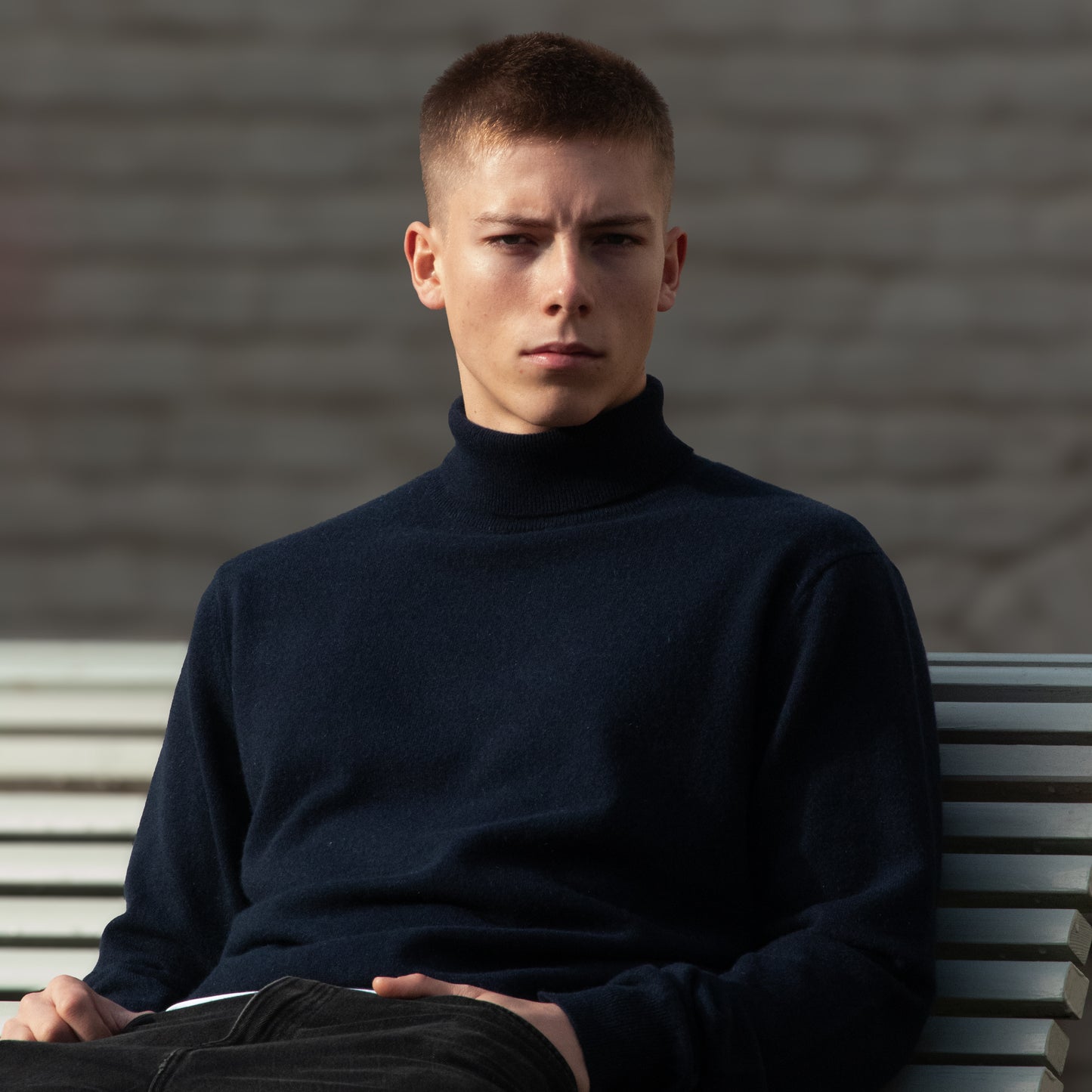 MA21 Cashmere Turtleneck Sweater by Mawei, navy blue, front view, male model.