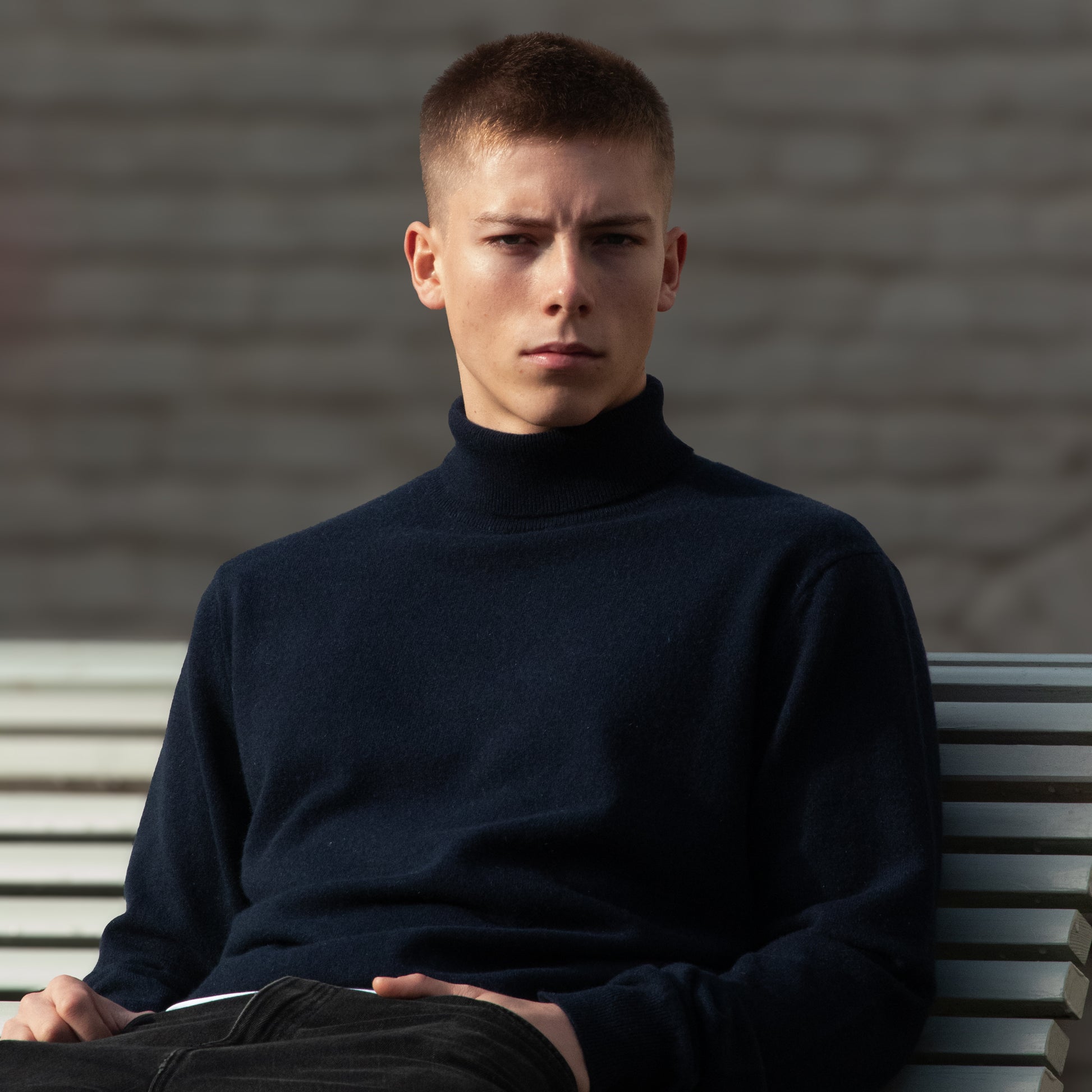 MA21 Cashmere Turtleneck Sweater by Mawei, navy blue, front view, male model.