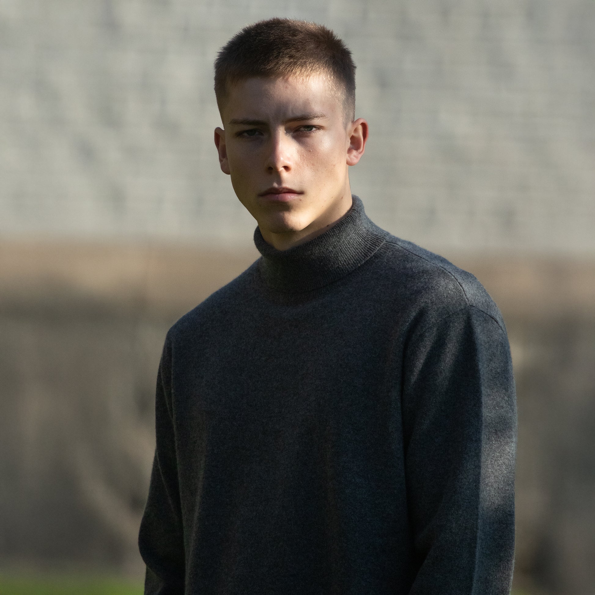 MA21 Cashmere Turtleneck Sweater by Mawei, grey, front view, male model.