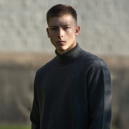 MA21 Cashmere Turtleneck Sweater by Mawei, grey, front view, male model.