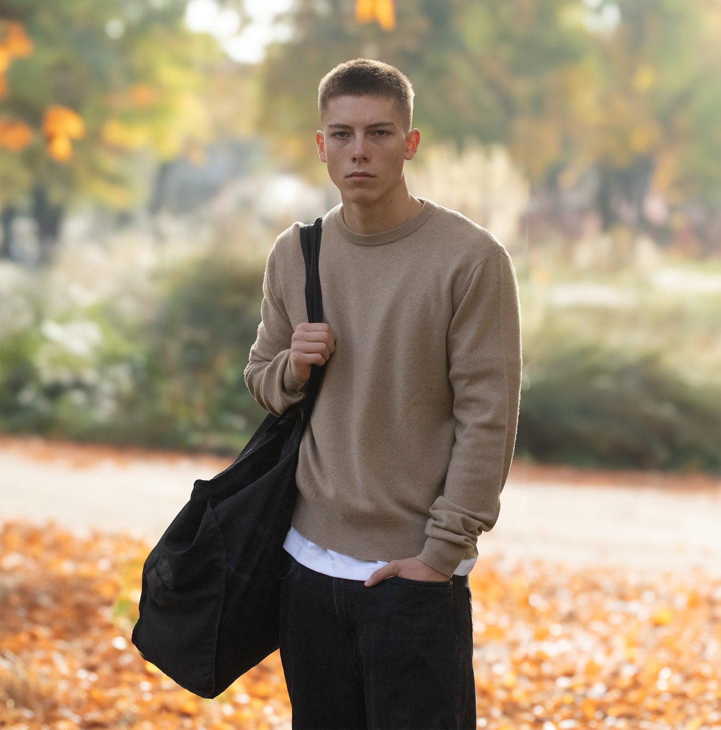 MA22 Cashmere Crewneck Sweater by Mawei, beige camel, front view, male model.