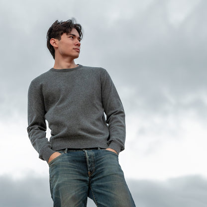 MA22 Cashmere Crewneck Sweater by Mawei, grey, front view, male model.