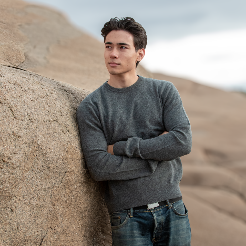 MA22 Cashmere Crewneck Sweater by Mawei, grey, front view, male model.