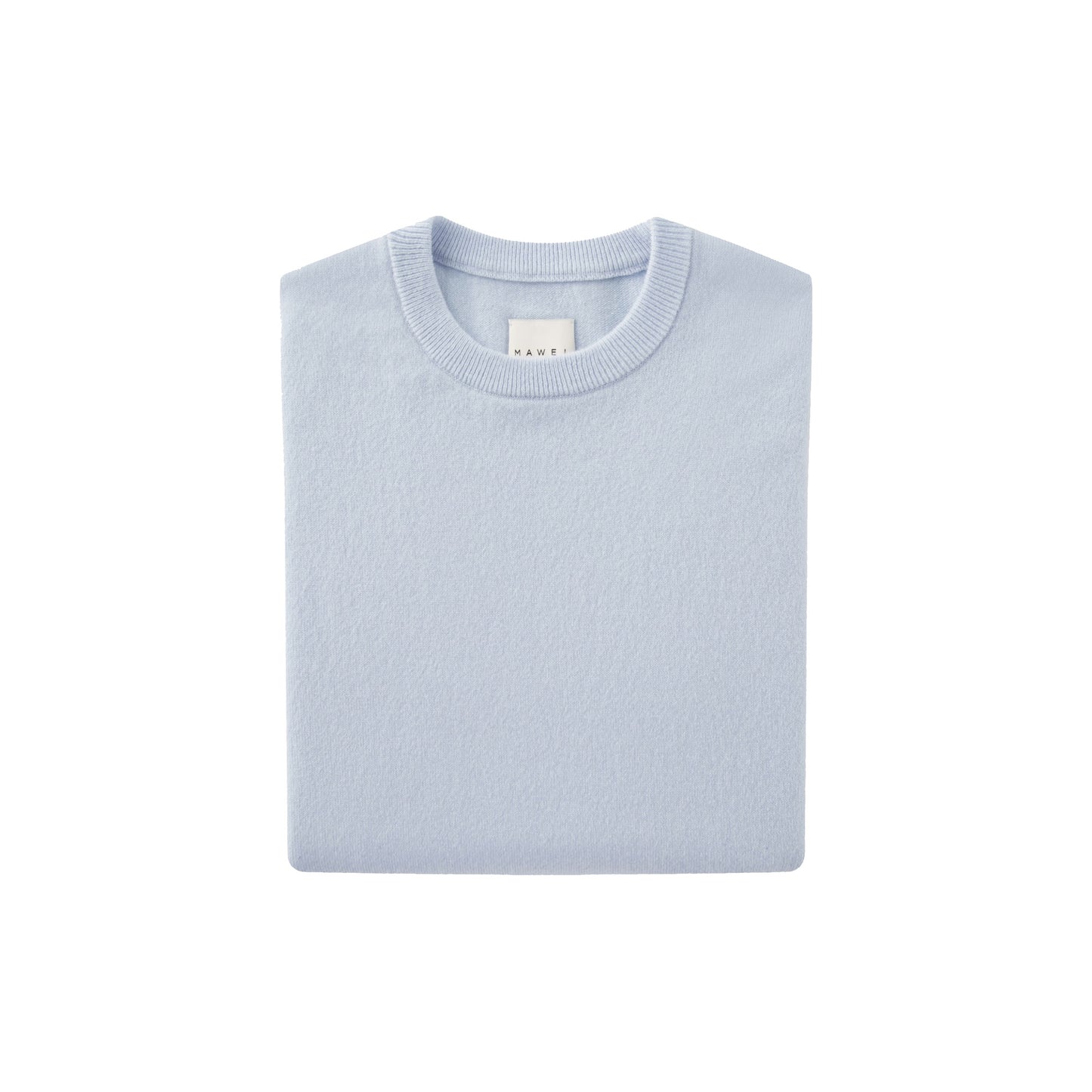MA22 Cashmere Crewneck Sweater by Mawei, blue, folded, flat lay.