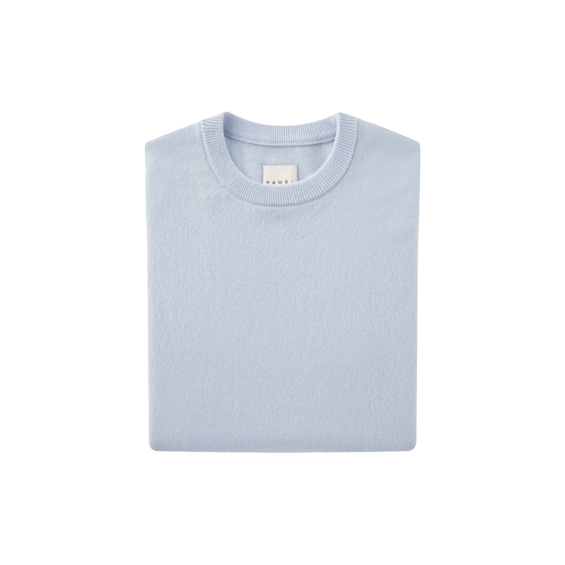 MA22 Cashmere Crewneck Sweater by Mawei, blue, folded, flat lay.