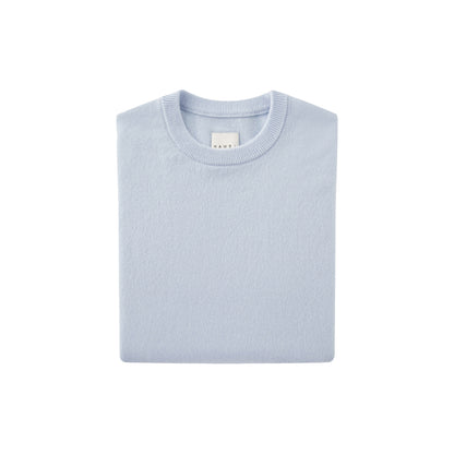 MA22 Cashmere Crewneck Sweater by Mawei, blue, folded, flat lay.