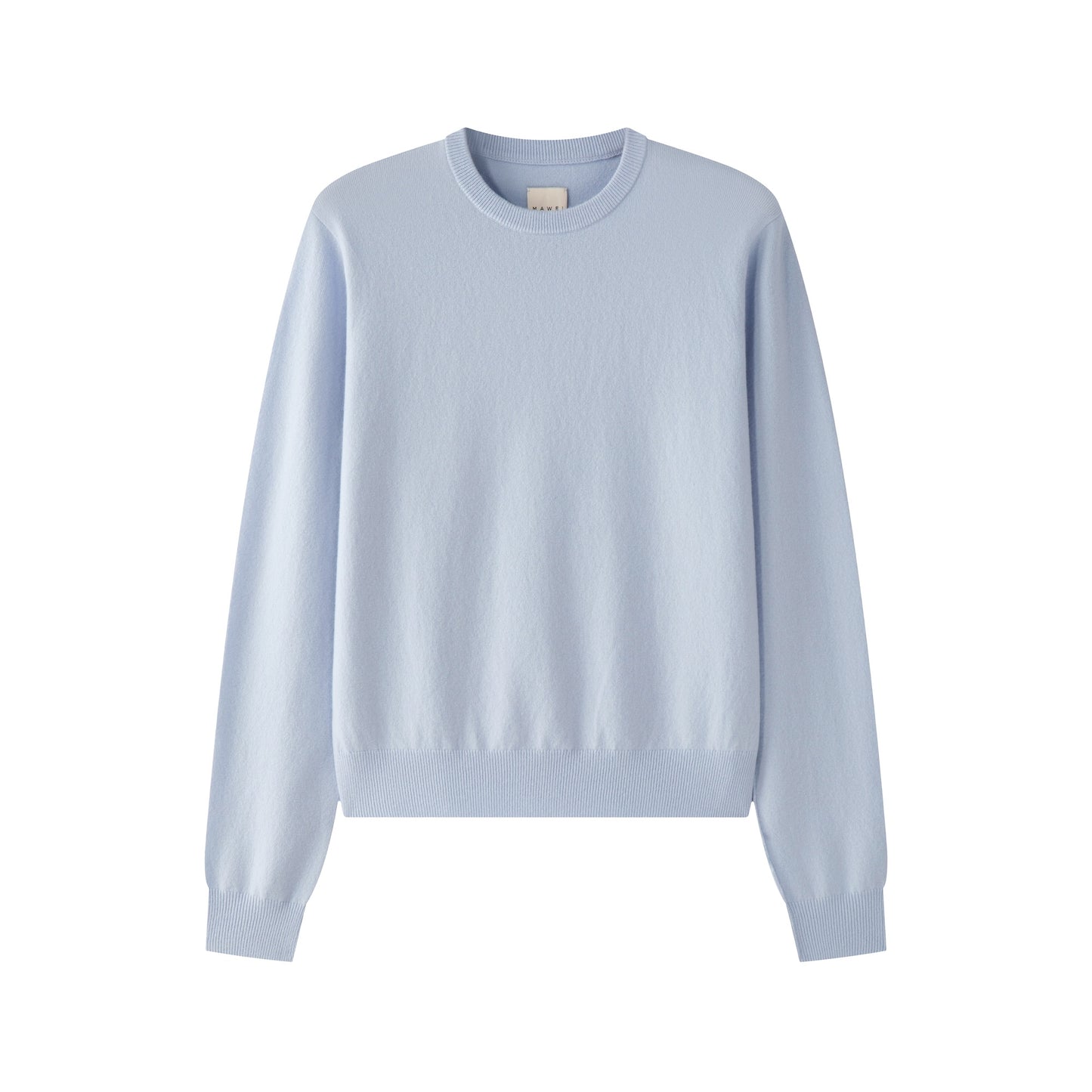 MA22 Cashmere Crewneck Sweater by Mawei, blue, flat lay, front view.