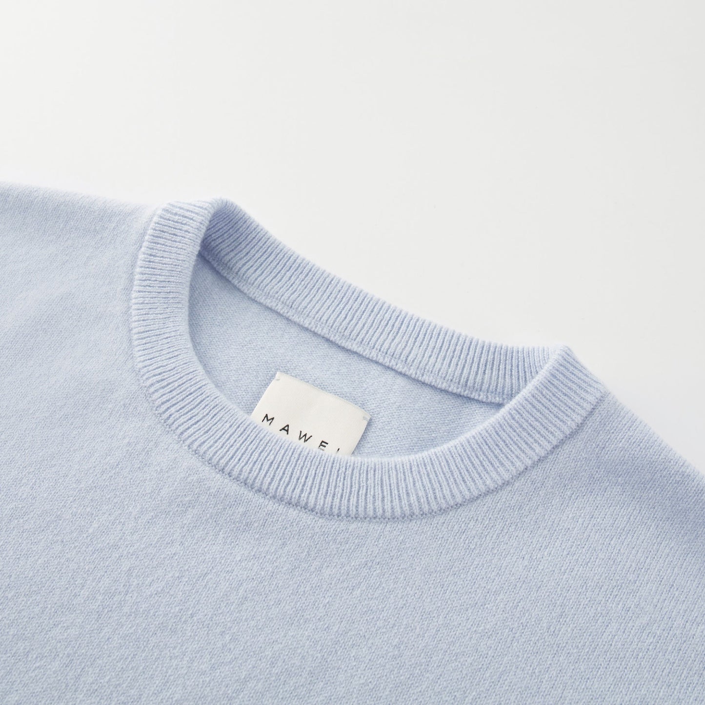 MA22 Cashmere Crewneck Sweater by Mawei,  blue, neck rib details close-up.