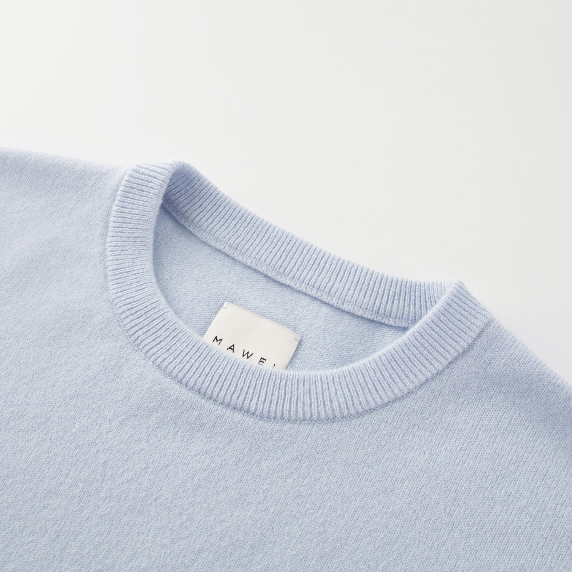 MA22 Cashmere Crewneck Sweater by Mawei,  blue, neck rib details close-up.