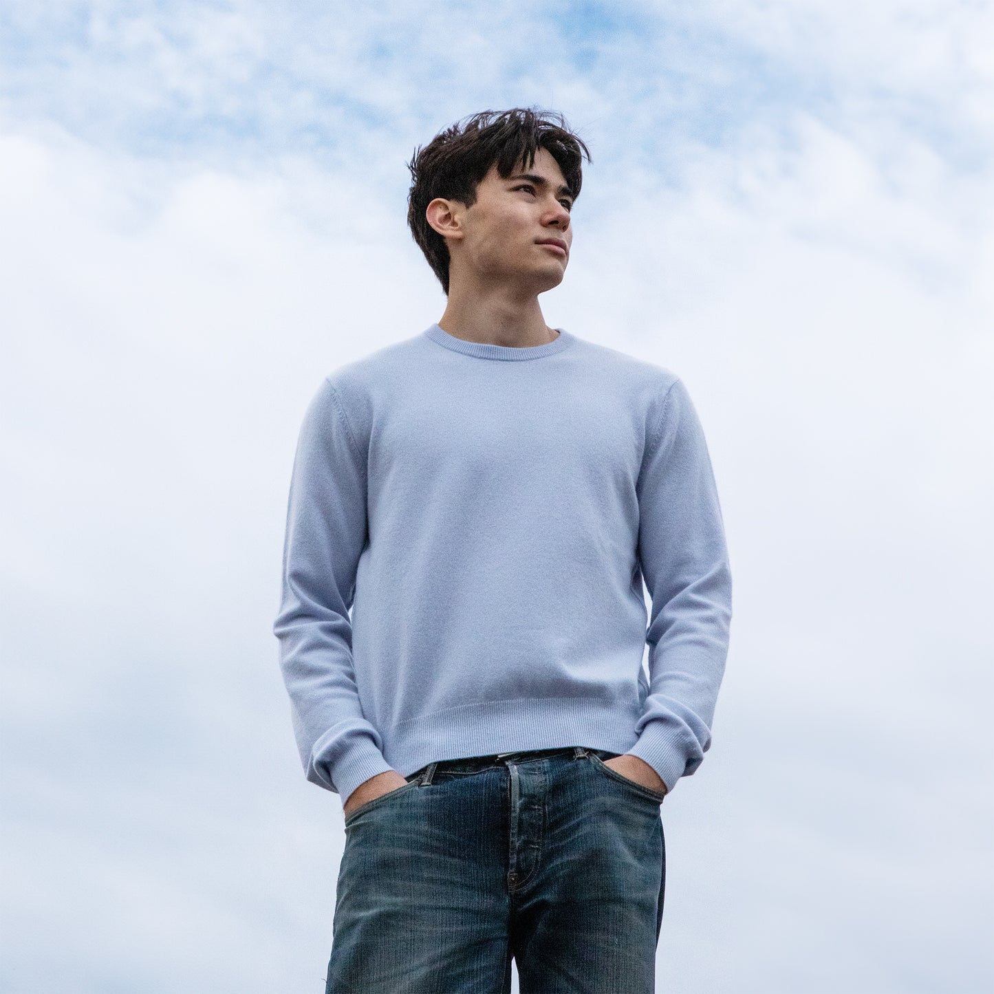 MA22 Cashmere Crewneck Sweater by Mawei, blue, front view, male model.