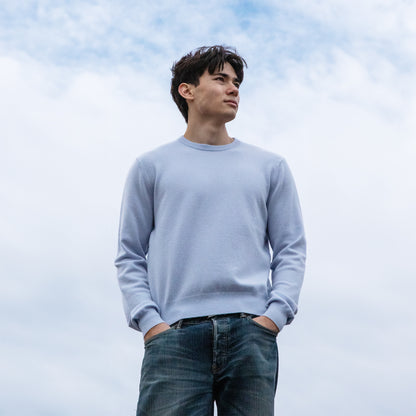 MA22 Cashmere Crewneck Sweater by Mawei, blue, front view, male model.