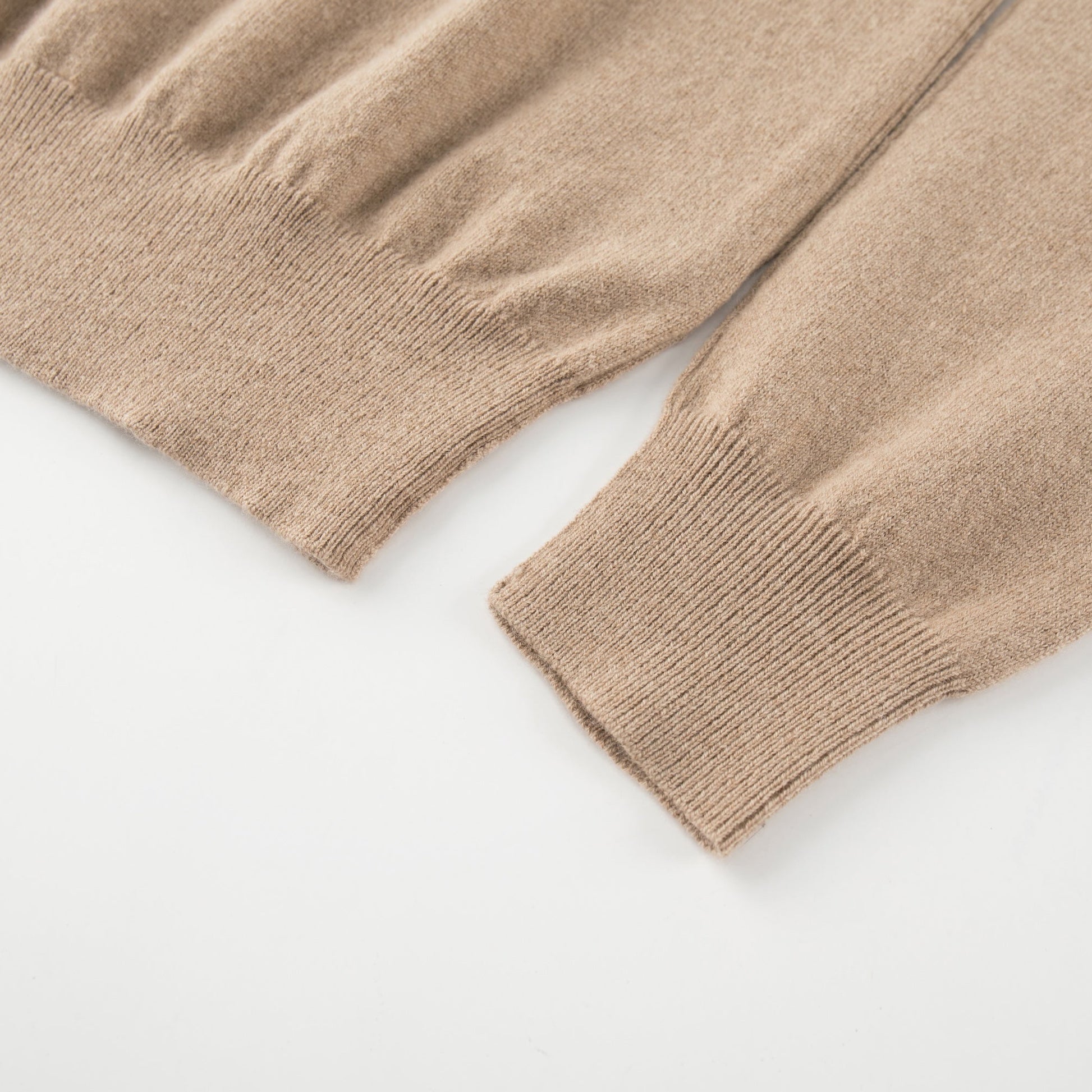 MA22 Cashmere Crewneck Sweater by Mawei, beige camel, cuff and hem rib close-up.