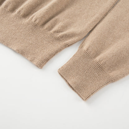 MA22 Cashmere Crewneck Sweater by Mawei, beige camel, cuff and hem rib close-up.