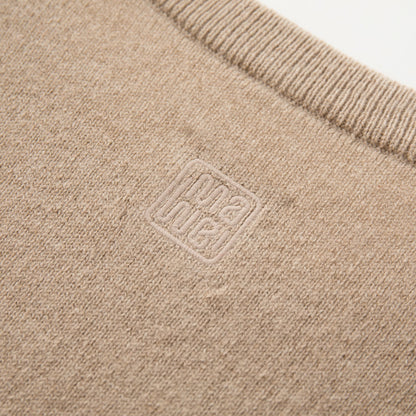 MA22 Cashmere Crewneck Sweater by Mawei, beige camel, fabric and embroidery close-up, back view.