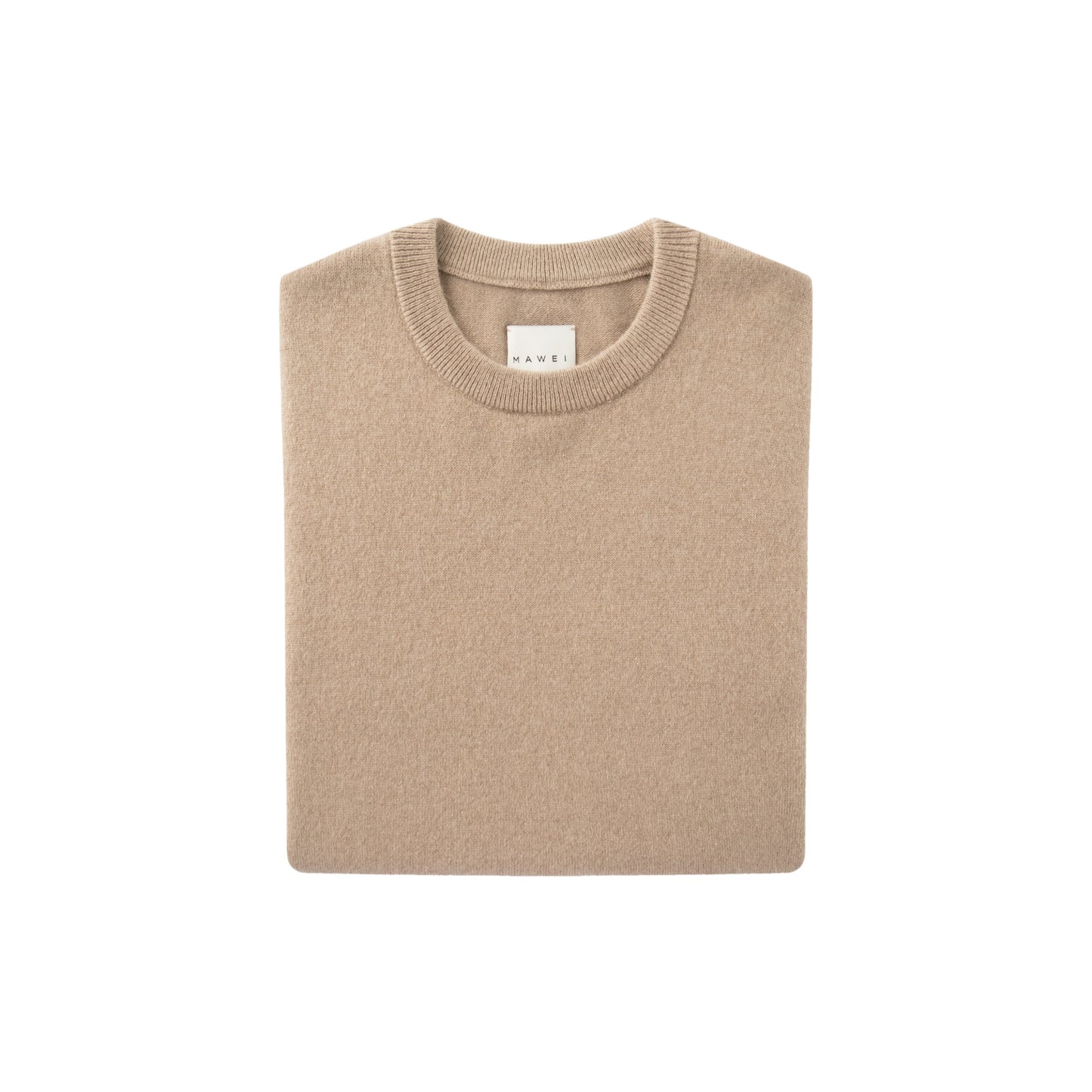 MA22 Cashmere Crewneck Sweater by Mawei, beige camel, folded, front view.