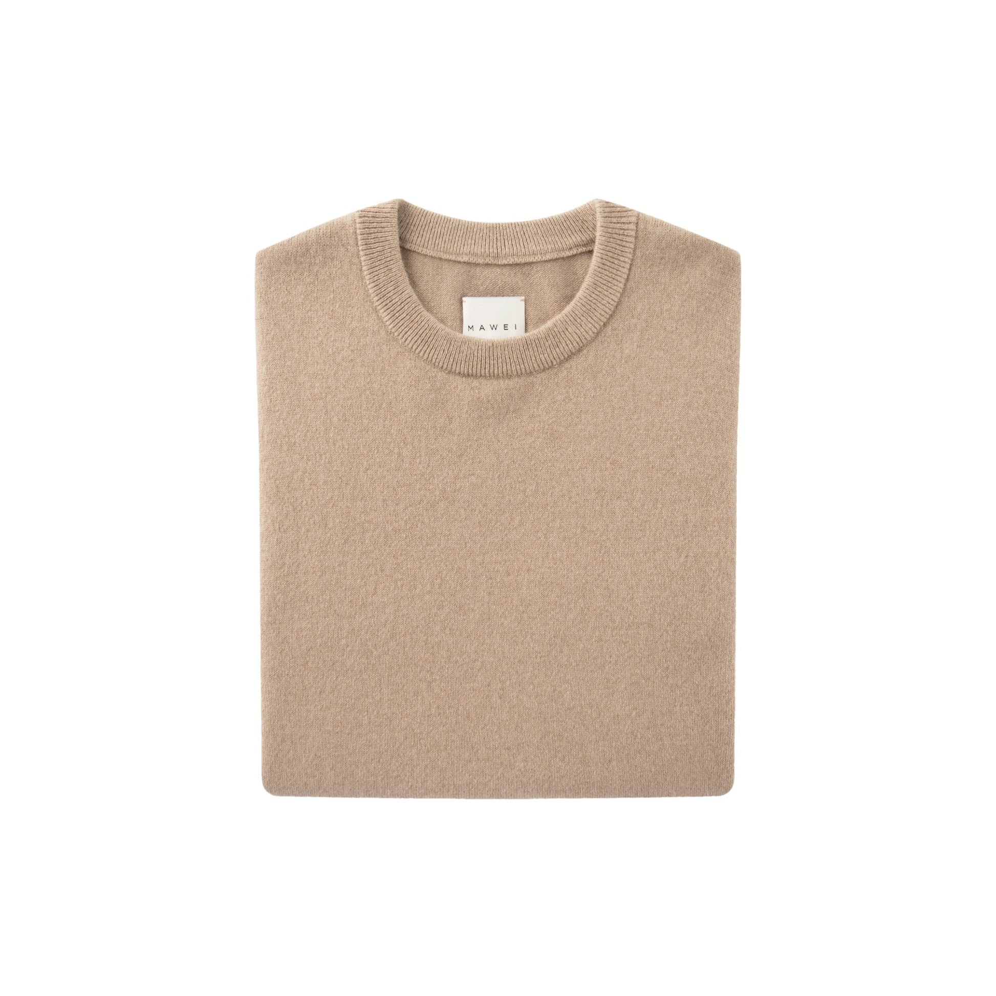 MA22 Cashmere Crewneck Sweater by Mawei, beige camel, folded, front view.