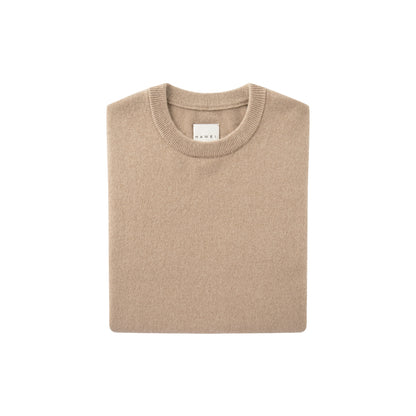 MA22 Cashmere Crewneck Sweater by Mawei, beige camel, folded, front view.