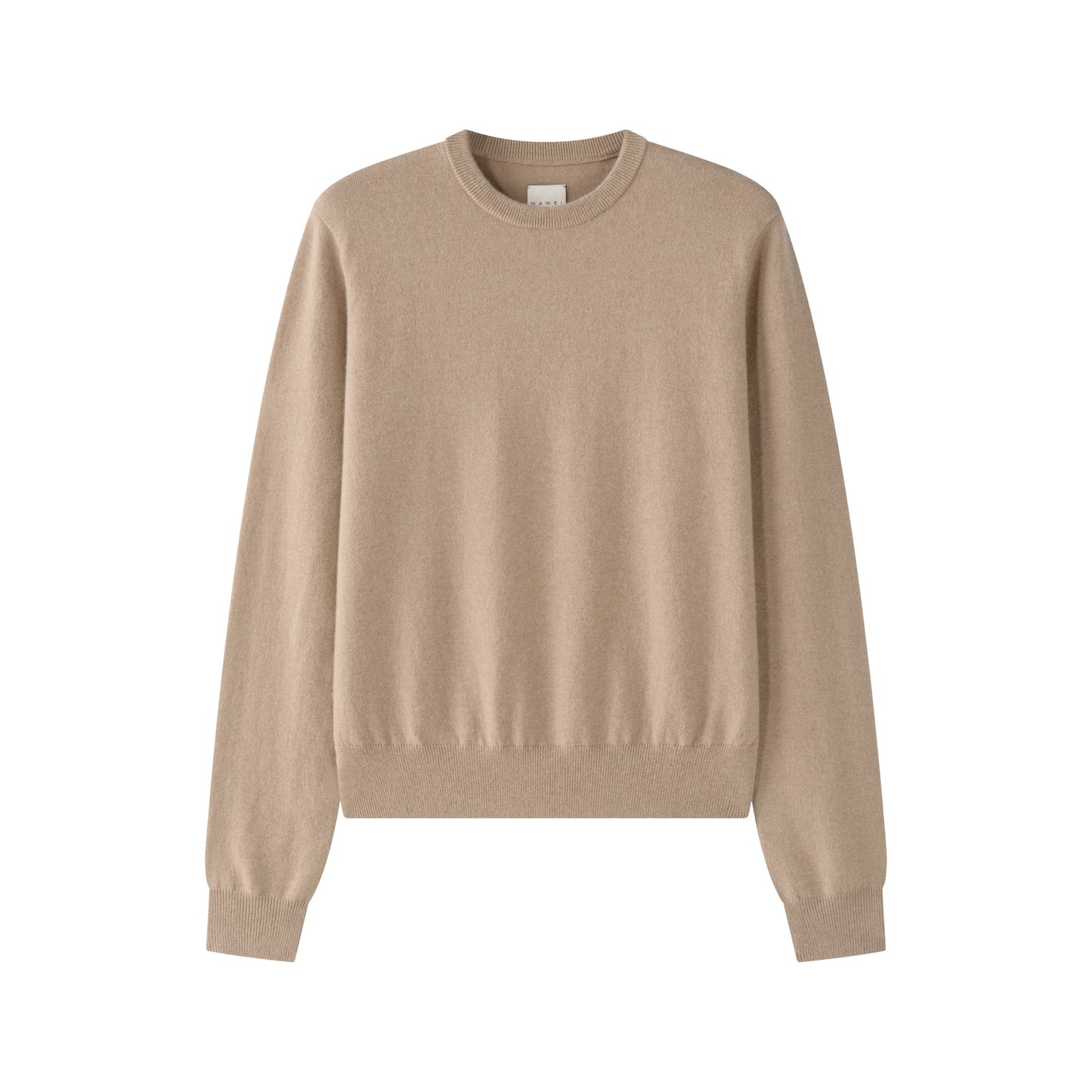 MA22 Cashmere Crewneck Sweater by Mawei, beige camel, flat lay, front view. 