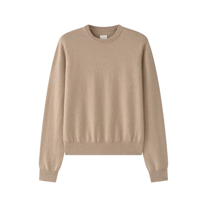 MA22 Cashmere Crewneck Sweater by Mawei, beige camel, flat lay, front view. 