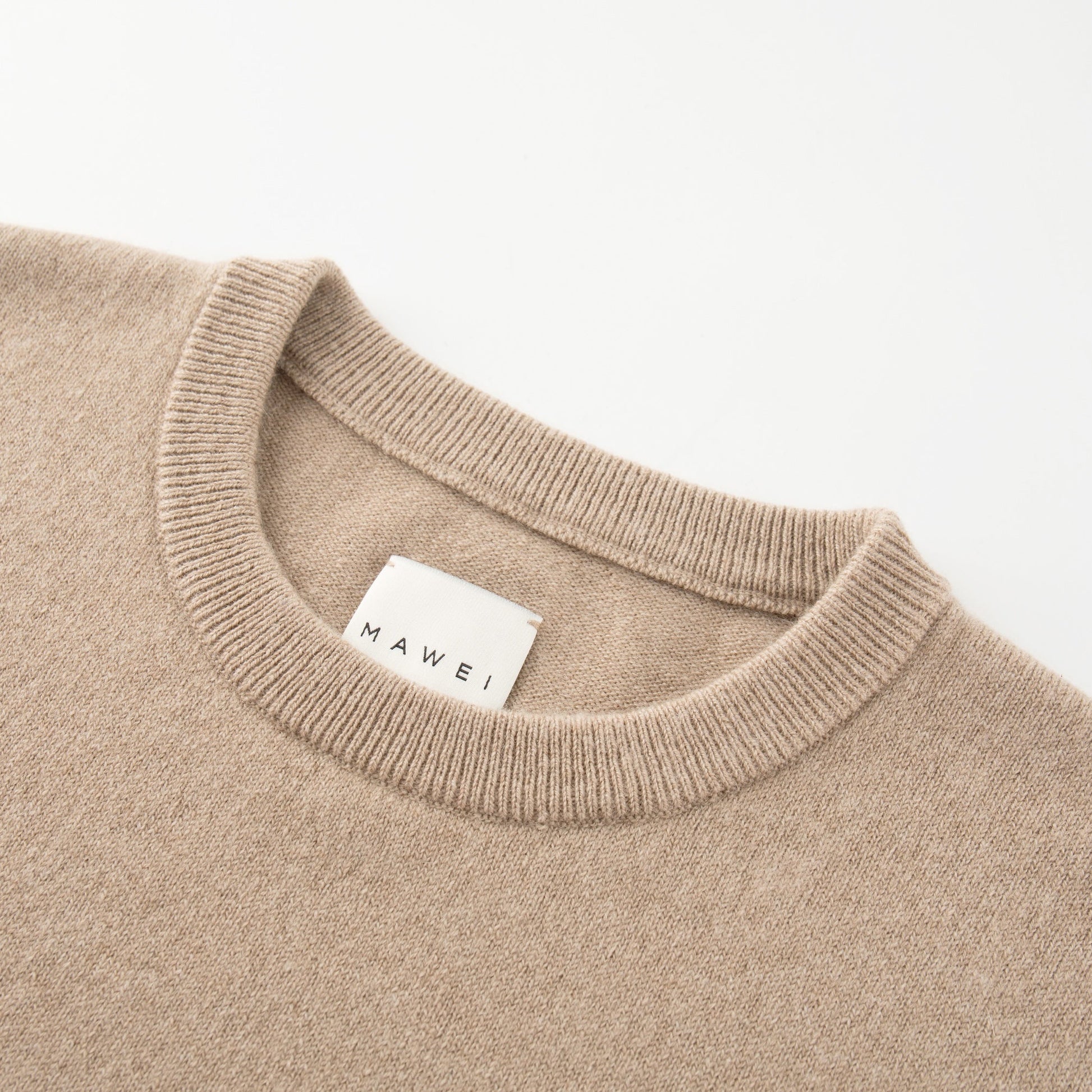 MA22 Cashmere Crewneck Sweater by Mawei, beige camel, neck close-up.