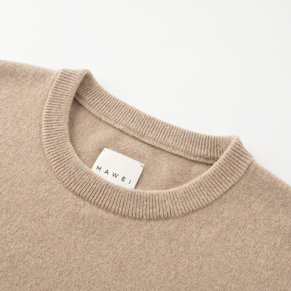 MA22 Cashmere Crewneck Sweater by Mawei, beige camel, neck close-up.