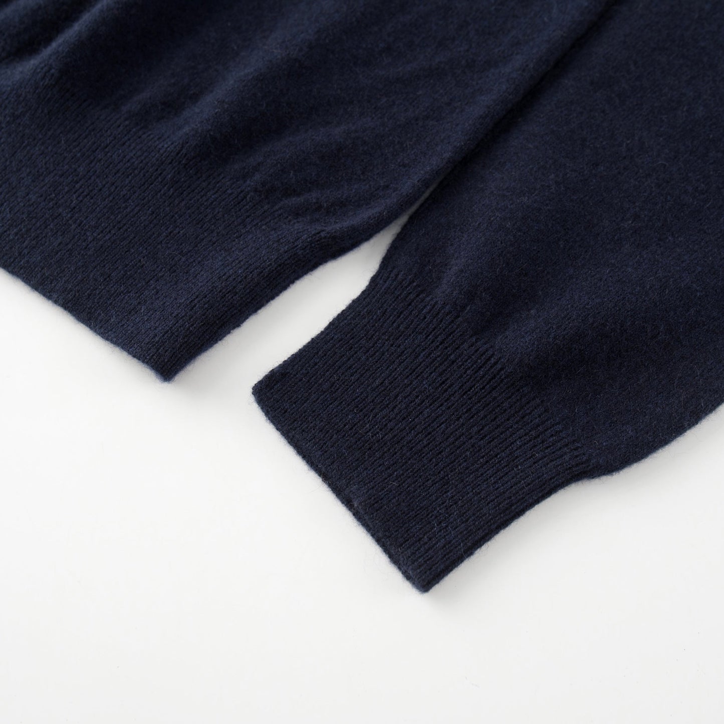 MA22 Cashmere Crewneck Sweater by Mawei, navy blue, cuff and hem rib detail close-up.