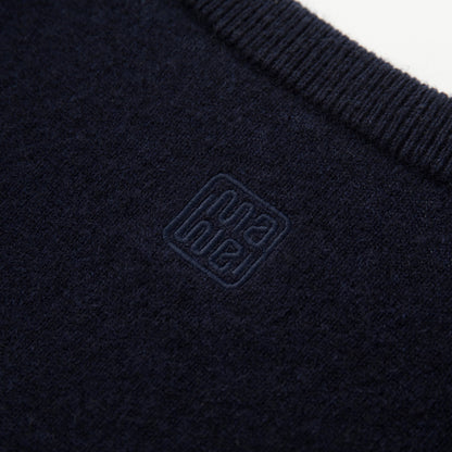 MA22 Cashmere Crewneck Sweater by Mawei, navy blue, fabric and embroidery detail close-up, back view.
