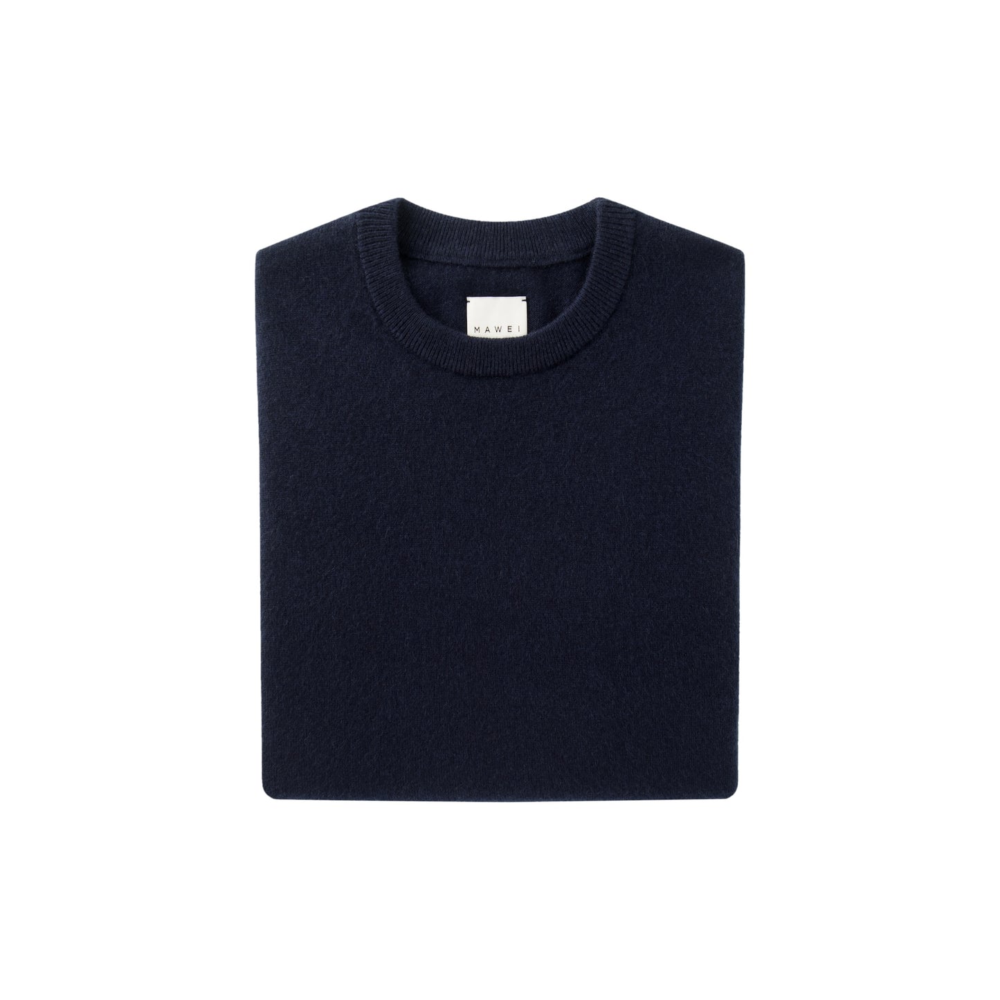 MA22 Cashmere Crewneck Sweater by Mawei, navy blue, flat lay, folded, front view.