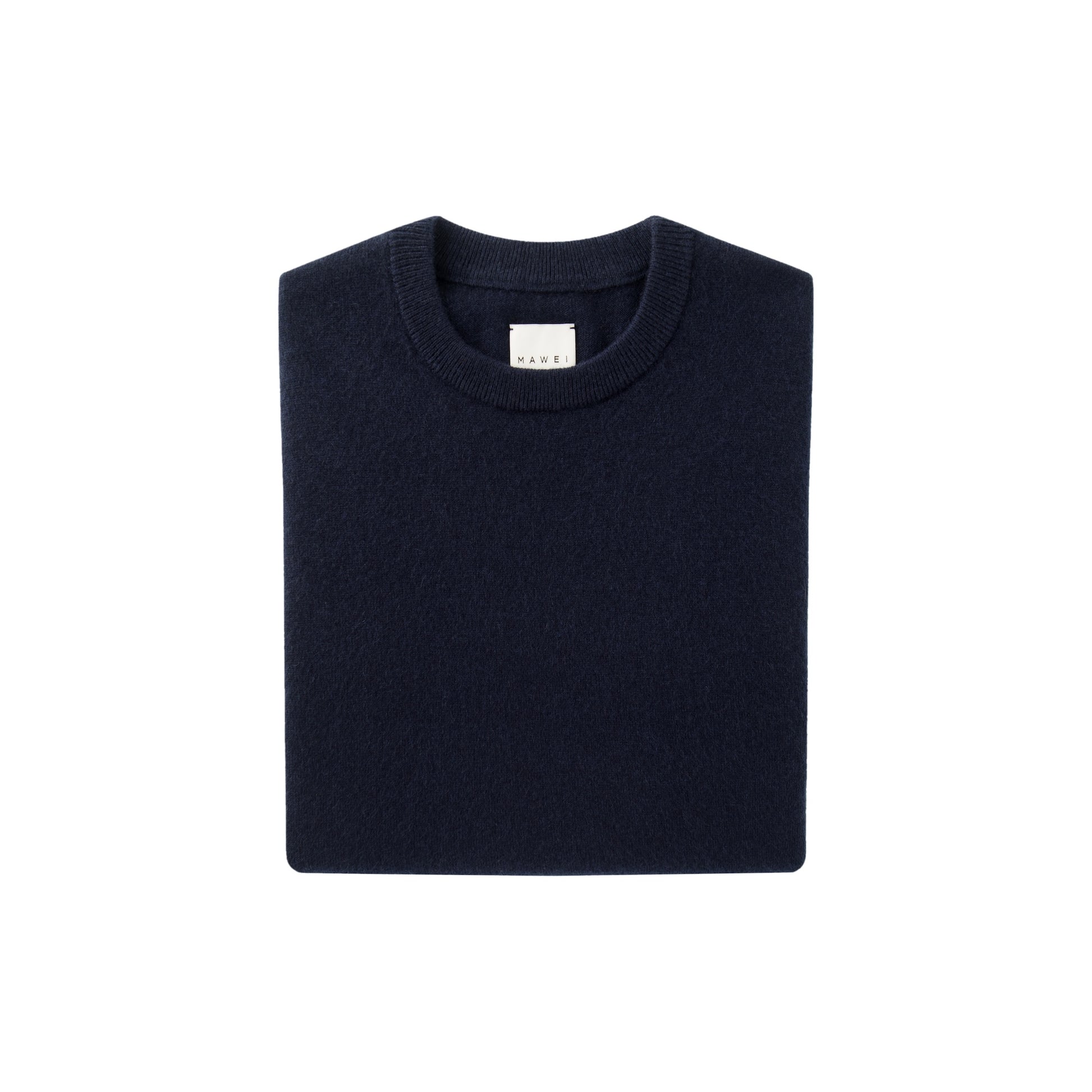 MA22 Cashmere Crewneck Sweater by Mawei, navy blue, flat lay, folded, front view.